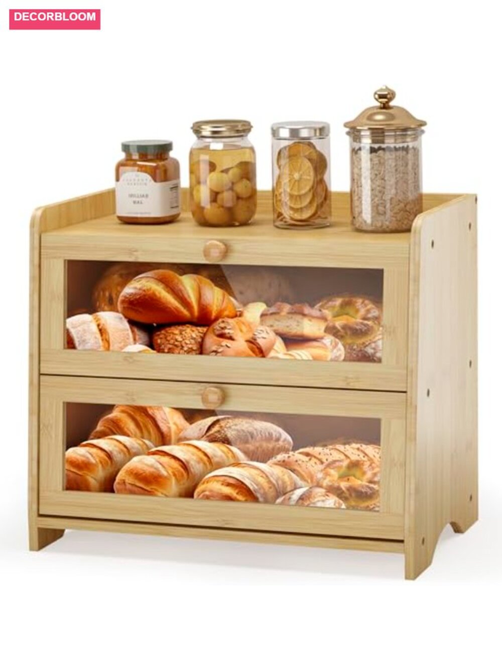 Double Layer Bamboo Bread Box with Acrylic Window for Kitchen Counter